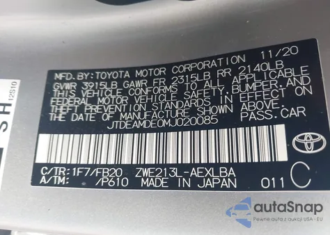 2021 Toyota Corolla Hybrid Hybrid Le from USA, damaged, VIN JTDEAMDE0MJ020085